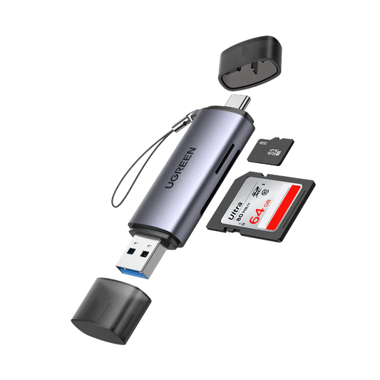 USB drive with SD card reader and Ugreen branding on a white background